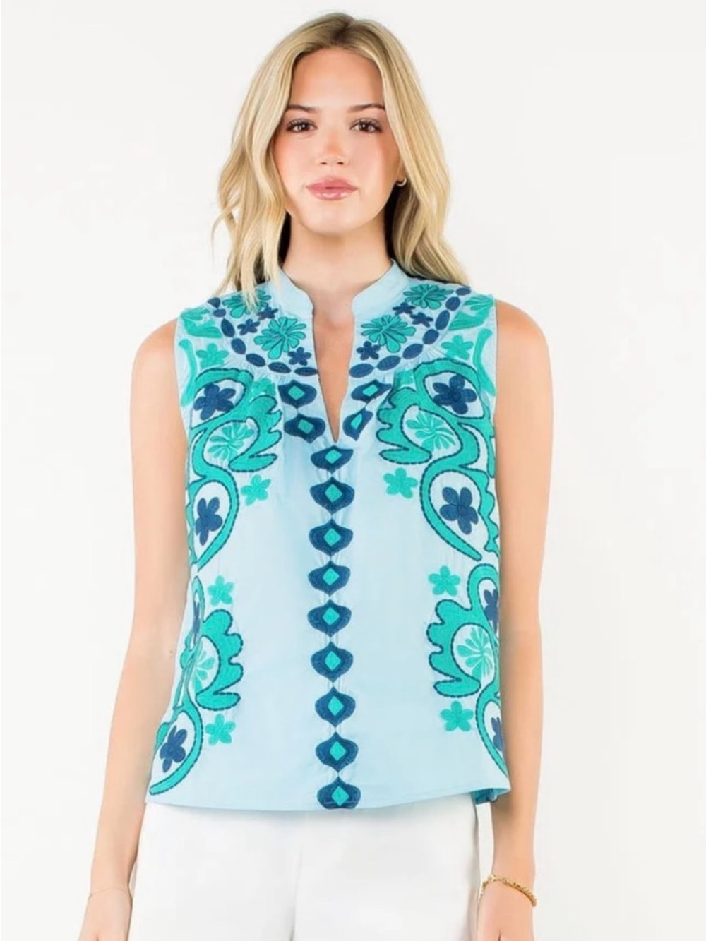 THML Light Blue, Teal, Navy Sleeveless V-Neck Floral Embroidered Top - Sz XS